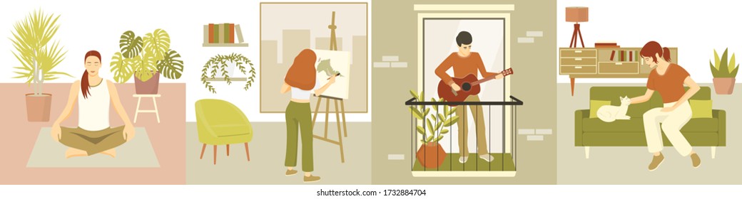 Man and woman do hobbies indoors. Relaxing and calming, improving mental health. Set of home activities: yoga meditation, drawing, play guitar at balcony, stroking a pet cat. People enjoy spend time.