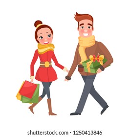 Man and woman do shopping together. Attractive female and handsome male with presents and bags. Christmas holidays celebration, cartoon people isolated