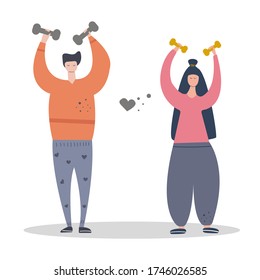 Man and woman do sports together, they hold dumbbells, fitness classes at home, online. Body positive concept.