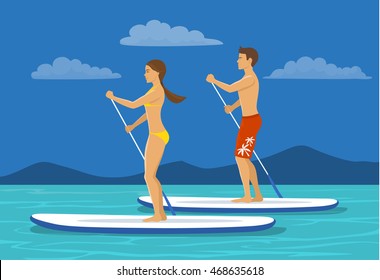 Man and woman do stand up paddling on water. Couple paddleboard surfing 