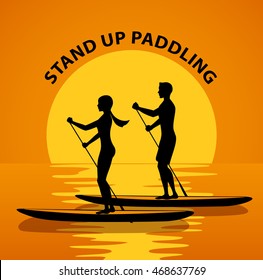 Man and woman do stand up paddling on water at sunset. Couple paddleboard surfing silhouette