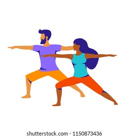 man an woman do yoga exercise, standing in warrior two pose graphic