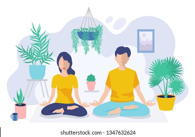 A man and a woman do yoga. Girl and boy at greenhouse or home garden with plants growing in pots. Couple meditates. Trendy vector illustration in flat cartoon style. Urban jungle. Meditation at Home