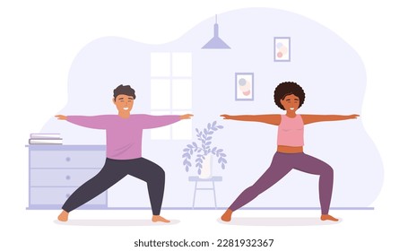 A man and a woman do yoga, gymnastics. The coach teaches physical exercises. The couple spends time together actively. Vector graphics.