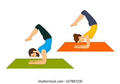 Man and woman do yoga scorpion asana, pose