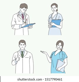 Man and woman doctor characters. hand drawn style vector design illustrations.