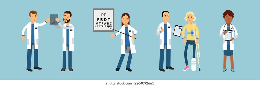 Man and Woman Doctor Characters Working at Hospital Vector Set