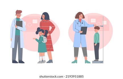 Man and Woman Doctor Pediatrician in Lab Coat Examining Little Kid in Hospital Vector Set