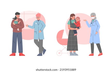 Man and Woman Doctor Pediatrician in Lab Coat Examining Little Kid in Hospital Vector Set