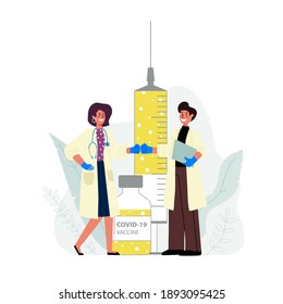 A man and a woman doctor stand smiling, with a vial of covid-19 vaccine behind them. We finally have a vaccine against the pandemic, there is hope for a normal life.