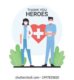 Man and woman doctor stand with thank you text
