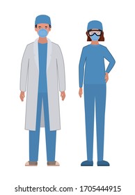 Man and woman doctor with uniforms mask and glasses design of Medical care health emergency aid exam clinic and patient theme Vector illustration