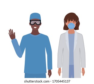 Man and woman doctor with uniforms mask and glasses design of Medical care health emergency aid exam clinic and patient theme Vector illustration
