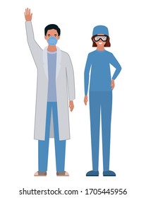 Man and woman doctor with uniforms mask and glasses design of Medical care health emergency aid exam clinic and patient theme Vector illustration