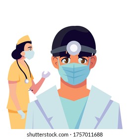 Man and woman doctor with uniforms and masks design of Medical care health and emergency theme Vector illustration