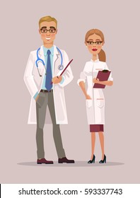 Man and woman doctors characters. Vector flat cartoon illustration