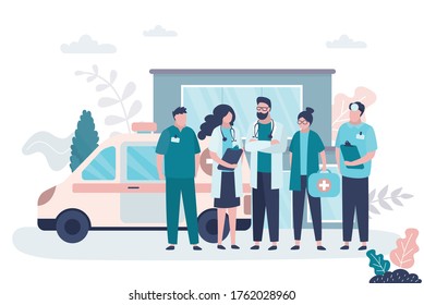 Man and woman doctors. First aid, medical services concept. Group of female and male characters in uniform. Ambulance car, hospital or private clinic building on background. Flat vector illustration