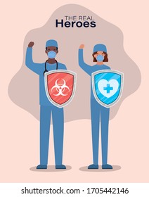 man and woman doctors heroes with shields against 2019 ncov virus design of Covid 19 cov infection disease symptoms and medical theme Vector illustration
