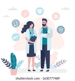 Man and woman doctors. Male doctor and female nurse. Medical workers and medicine icons or signs. Humans characters in trendy style. Flat vector illustration