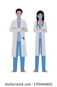 Man and woman doctors with masks against 2019 ncov virus design of Covid 19 cov infection disease symptoms and medical theme Vector illustration