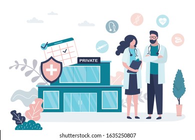 Man and woman doctors. Medical services concept. Female and male characters in uniform. Hospital or private clinic building on background. Flat vector illustration