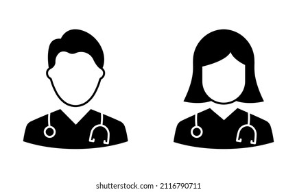 Das Silhouette-Symbol von Mensch und Frau. Zwei medizinische Fachassistenten mit Stethoscope Black Icon. Männliche und weibliche Ärzte Spezialisten Piktogramm. Einzelne Vektorgrafik.