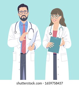 Man and woman doctors simple characters. Friendly medical workers in white coats and eyeglasses. Doctor talking to patient. Healthcare service vector flat illustration.