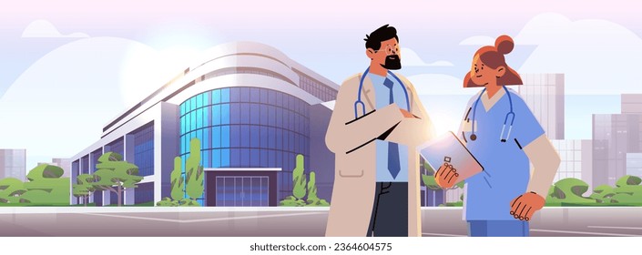man woman doctors with stethoscopes walking near hospital building medical workers in uniform happy labor day celebration