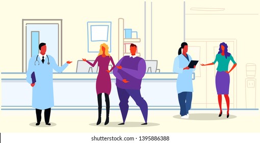 man woman doctors in uniform discussing with patients standing hospital clinic reception medical consultation healthcare concept sketch doodle horizontal full length
