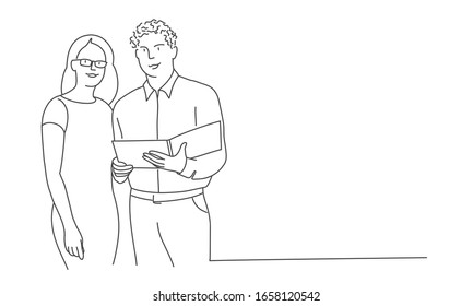 Man and woman with documents. Hand drawn vector illustration.