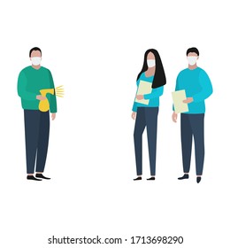 Man and woman with documents in medical masksand patient with an antiseptic spray. Fashion trendy illustration, flat design. Pandemic and epidemic of coronavirus in the world