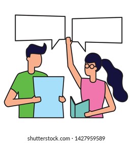 man and woman with documents talk bubble vector illustration