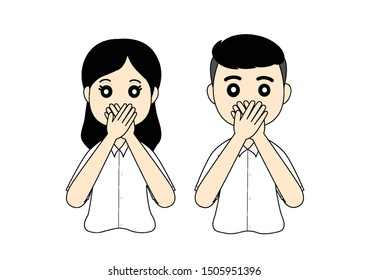 Man and woman doesn't talk and covering their mouth by hand, Cartoon vector illustration