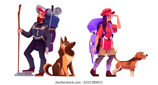 Homem e mulher com cão - turista caminhante com mochila durante a viagem a pé. Ilustração vetorial de desenhos animados conjunto de pessoas de trekking ativas com animais de estimação e mochilas cheias de pessoal de acampamento em viagem de caminhada.