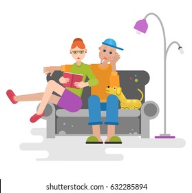 Man, woman and dog sitting on the couch with book and cigarette. Flat design style.  Vector illustration.