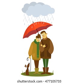 Man, Woman and Dog are standing under a red umbrella in the rain. Vector Illustration
