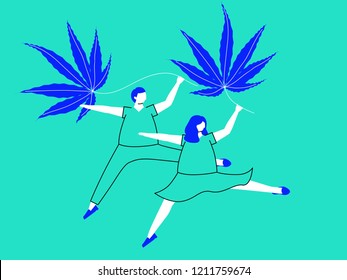 Man And Woman Doing Ballet Dancing While Holding Marijuana Leave Conveying The Message Of Celebrating Marijuana Legalization In Blue And Cyan Tones