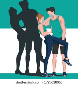 Man and woman are doing body fitness pose together while using medical mask