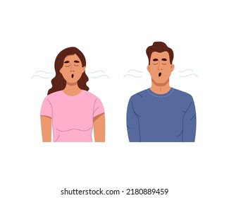 Man and woman doing breathing exercises. Young persons deep inhales and exhales air. Relaxation, healthy lifestyle concept. Flat style vector illustration isolated on white background