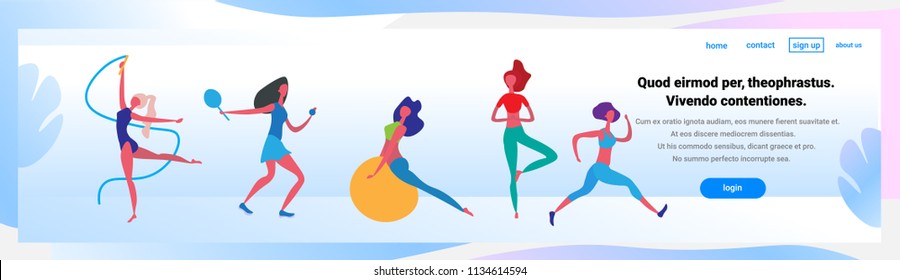man woman doing diversity exercises cartoon character sport activities isolated healthy lifestyle concept full length banner copy space flat vector illustration