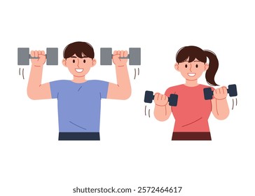 A man and a woman doing dumbbell exercises. Exercises to develop strength and stamina.