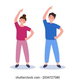 Man and woman doing exercise together for a good health. Young couple fitness concept vector illustration on white background.