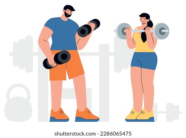 Man and woman doing exercises in a gym for building muscle and strength. Flat vector minimalist illustration of sport and training equipment.