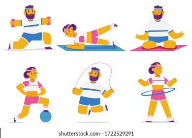 Man and woman doing fitness and yoga exercise vector cartoon characters set isolated on a white background.