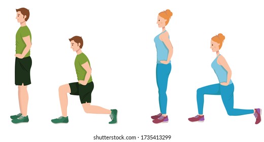 Man and woman doing forward lunges. Male and female characters in cartoon style.