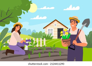 Man and woman doing gardening work vector. People spring