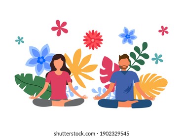 Man and woman doing meditation for relaxation and good health with colorful leaves on background. Yoga pose exercise. Mind power. Mindfulness. Mental health.