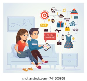Man and woman doing online shoppin, browsing the internet at the laptop. Vector clip art