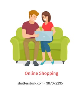 Man and woman doing online shopping/Laughing couple browsing the internet at the laptop/Cartoon Family  make purchases through the internet sitting on the couch/Online shopping vector illustration. 