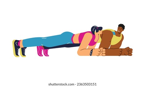 Man and woman doing plank exercise, flat vector illustration isolated on white background. Happy couple working out together. Abds and deep core training.